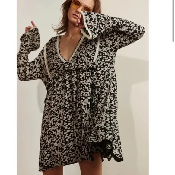 Free People Like You Best Mini Dress  In Black Floral Combo Size Small - Picture 7 of 14